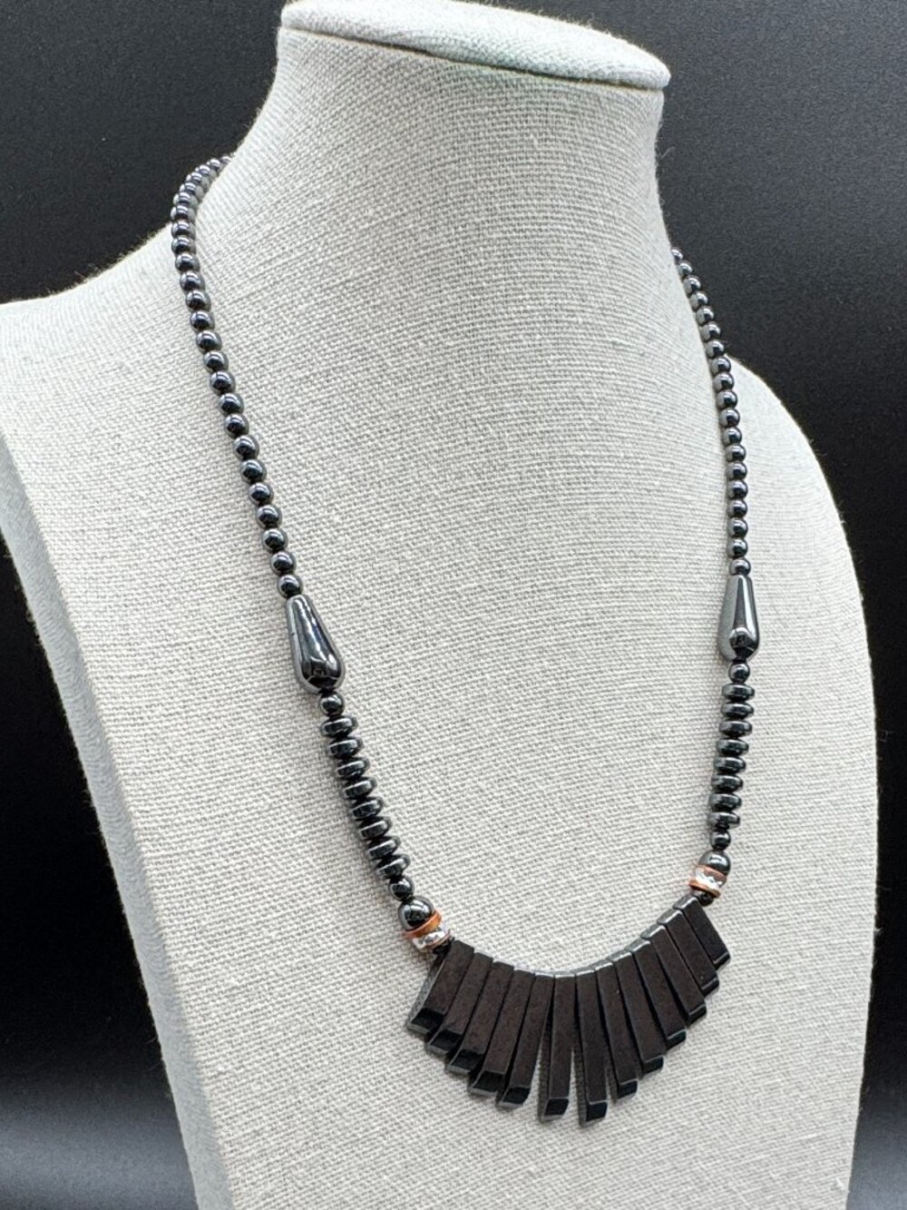 Hematite Beaded Necklace Black Baguettes and Round Beads 16 inches